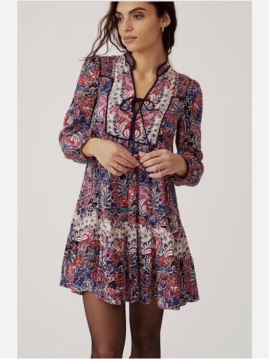 Anthropologie Dresses & Skirts - Anthropologie Spliced Tunic Dress Boho Floral Tie-Neck Mini Dress in Red / Blue